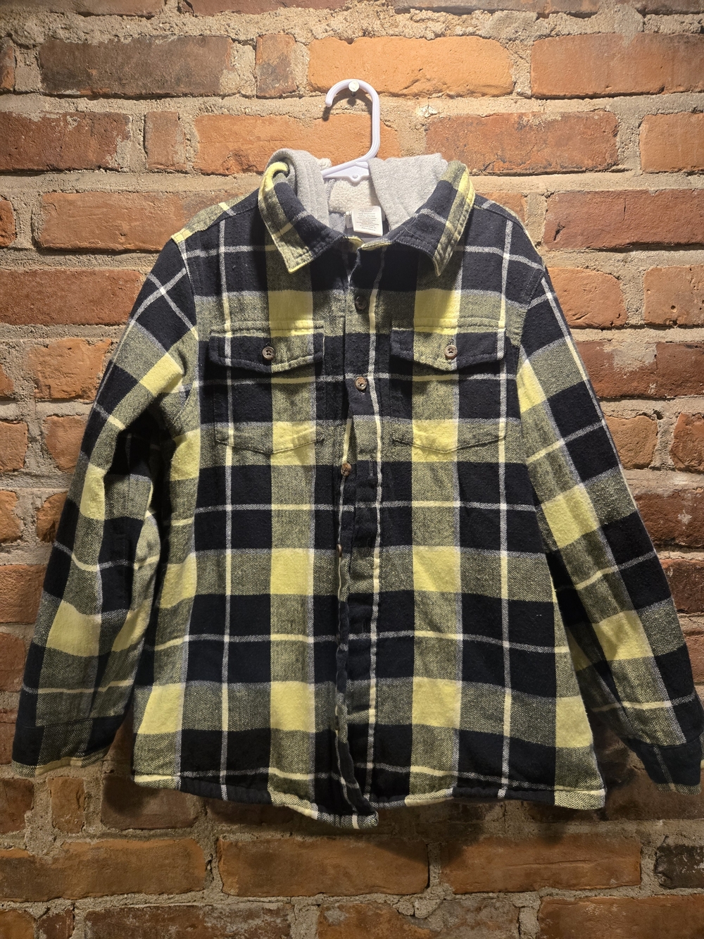 Gymboree Black & Yellow Plaid Hooded Flannel Button-Down